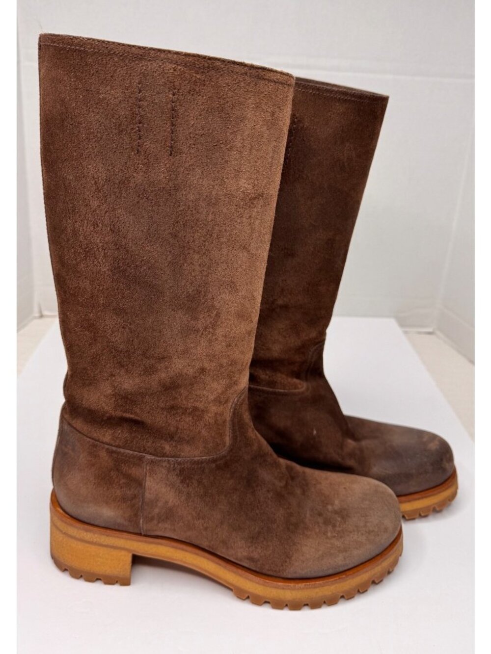 Vintage Prada Milano Brown Suede Calf Knee Lug Sole Moto Rugged Boots 38.5 US8.5